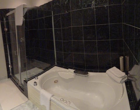 Separate tub and shower, jetted tub, hair dryer, bathrobes