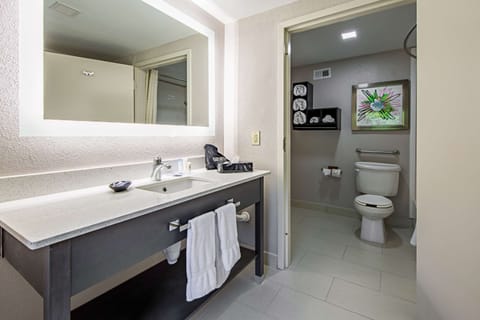 Combined shower/tub, eco-friendly toiletries, hair dryer, towels