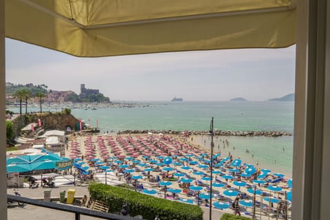 On the beach, sun loungers, beach towels