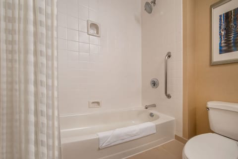 Combined shower/tub, free toiletries, hair dryer, towels