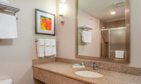 Suite, 1 King Bed | Bathroom | Combined shower/tub, hair dryer, towels