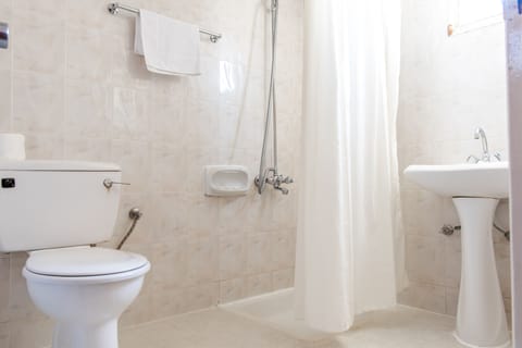 Combined shower/tub, hair dryer, towels