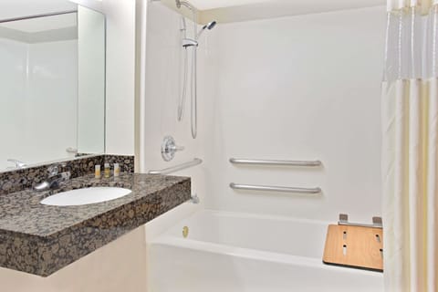 Combined shower/tub, free toiletries, hair dryer, towels