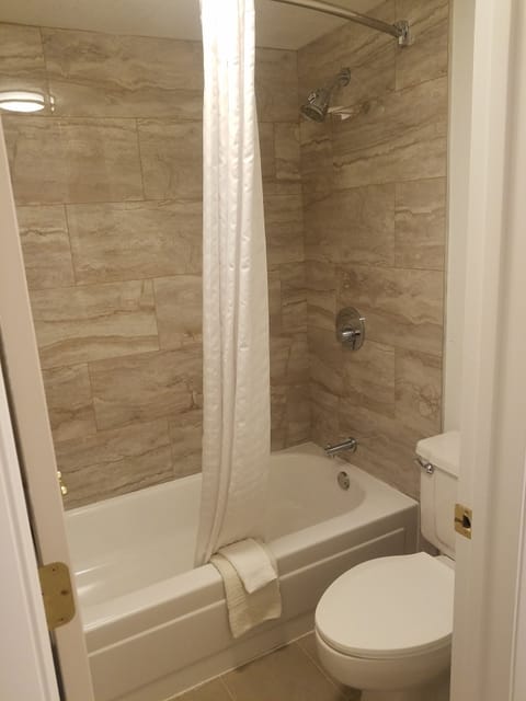 Combined shower/tub, eco-friendly toiletries, hair dryer, towels