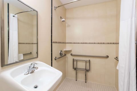 Combined shower/tub, free toiletries, hair dryer, towels