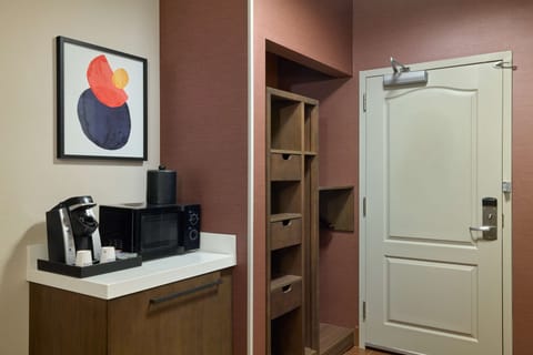 Desk, laptop workspace, blackout drapes, iron/ironing board