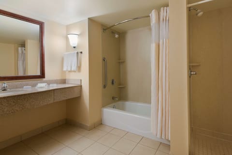 One Bedroom Suite, One King Bed, Non-Smoking | Bathroom | Combined shower/tub, free toiletries, hair dryer, towels