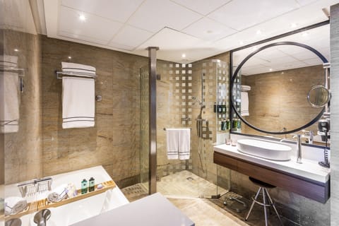 Separate tub and shower, free toiletries, hair dryer, towels