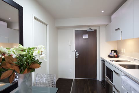 Deluxe Queen Studio | Private kitchen | Fridge, microwave, stovetop, dishwasher