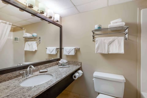 Combined shower/tub, free toiletries, hair dryer, bathrobes