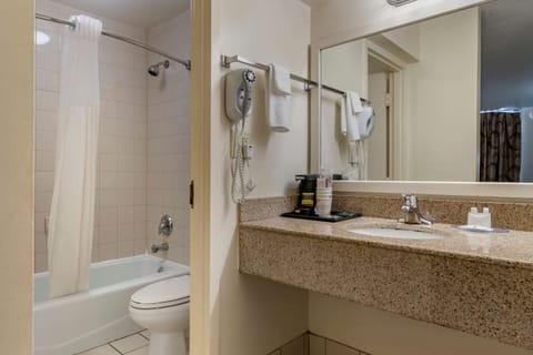 Combined shower/tub, free toiletries, hair dryer, towels