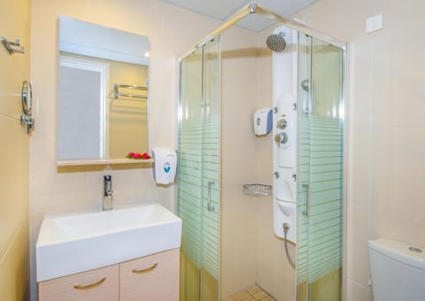 Combined shower/tub, hair dryer, towels