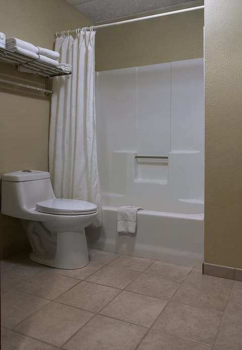 Combined shower/tub, hair dryer, towels, soap