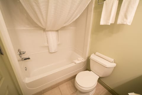 Combined shower/tub, free toiletries, towels