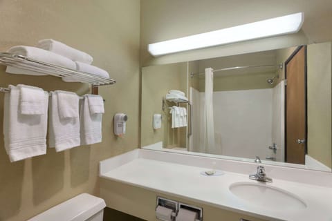 Combined shower/tub, free toiletries, hair dryer, towels