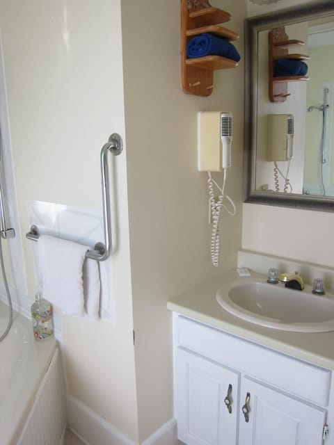 Combined shower/tub, free toiletries, hair dryer, towels