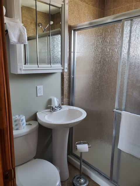 Combined shower/tub, free toiletries, towels