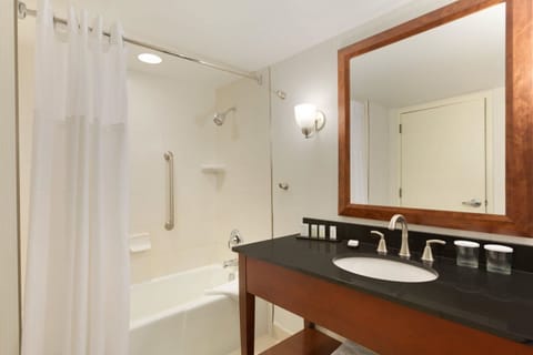 Combined shower/tub, free toiletries, hair dryer, towels