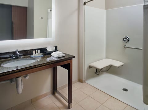 Room, 1 King Bed (Mobility/Hearing Access, Roll-In Shwr) | Bathroom | Shower, hair dryer, towels