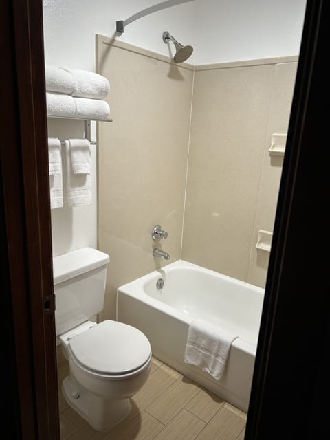 Combined shower/tub, free toiletries, hair dryer, towels