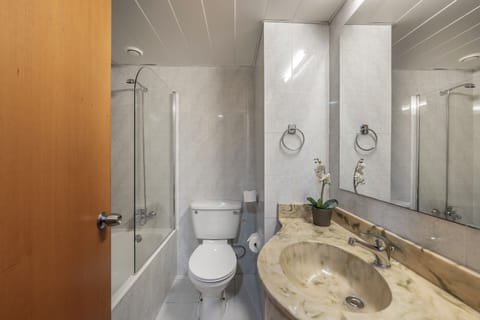 Combined shower/tub, free toiletries, hair dryer, towels