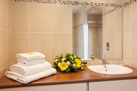 Combined shower/tub, free toiletries, hair dryer, towels