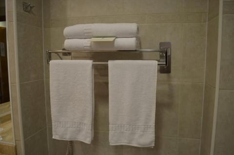 Combined shower/tub, rainfall showerhead, hair dryer, towels