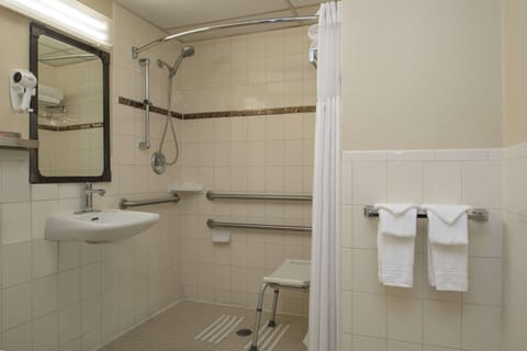 Combined shower/tub, free toiletries, hair dryer, towels