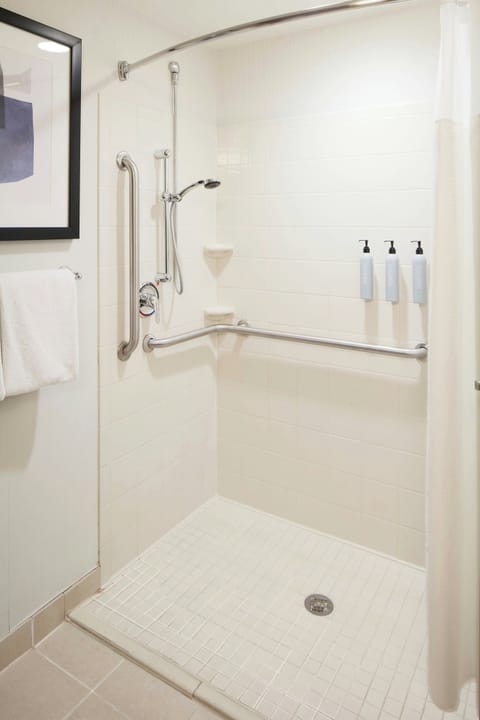 Combined shower/tub, free toiletries, hair dryer, towels