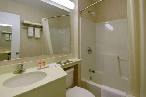 Combined shower/tub, free toiletries, hair dryer, towels