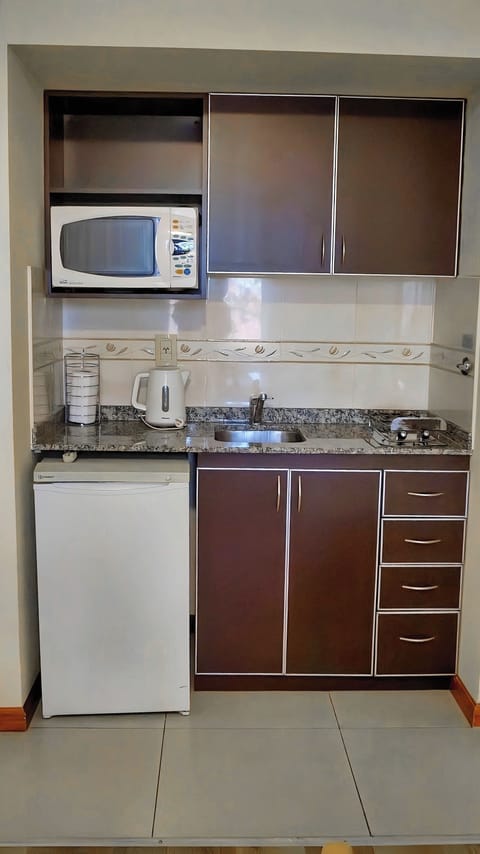 Standard Apartment (Del Plata Doble) | Private kitchen | Mini-fridge, microwave, cookware/dishes/utensils, cleaning supplies