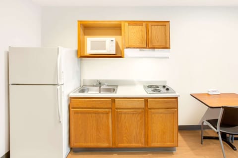 Full-size fridge, microwave, stovetop, freezer