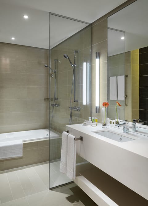 Separate tub and shower, designer toiletries, hair dryer, bathrobes