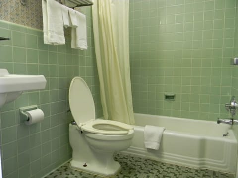 Combined shower/tub, free toiletries, towels