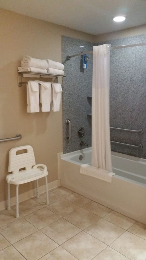 Combined shower/tub, free toiletries, hair dryer, towels