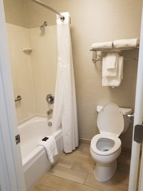 Combined shower/tub, hair dryer, towels