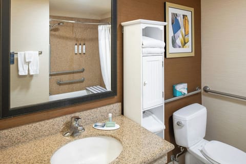 Combined shower/tub, hair dryer, towels