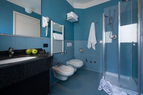 Shower, rainfall showerhead, free toiletries, hair dryer