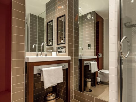 Shower, rainfall showerhead, designer toiletries, hair dryer