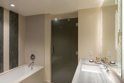 Separate tub and shower, designer toiletries, hair dryer, bidet