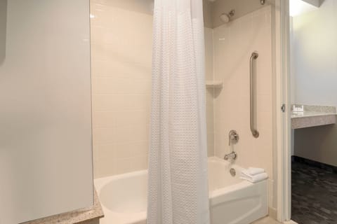 Combined shower/tub, free toiletries, hair dryer, towels