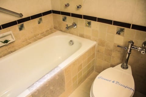 Combined shower/tub, free toiletries, hair dryer, bathrobes