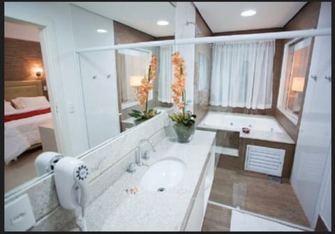 Separate tub and shower, jetted tub, free toiletries, hair dryer