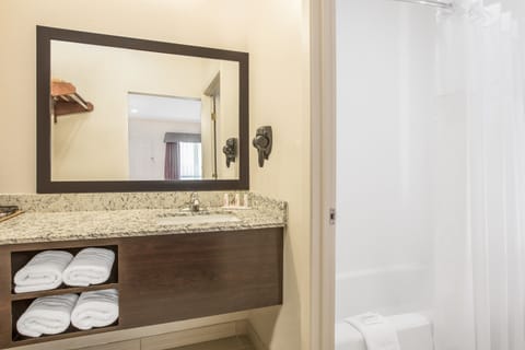 Combined shower/tub, free toiletries, hair dryer, towels