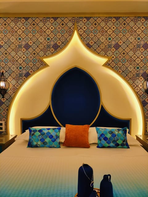 Luxurious moroccan Theme room with panoramic city view and Designer Bed | Egyptian cotton sheets, premium bedding, memory foam beds, minibar