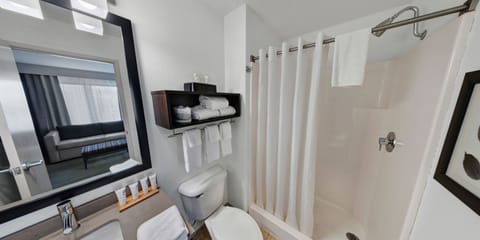 Combined shower/tub, free toiletries, hair dryer, towels