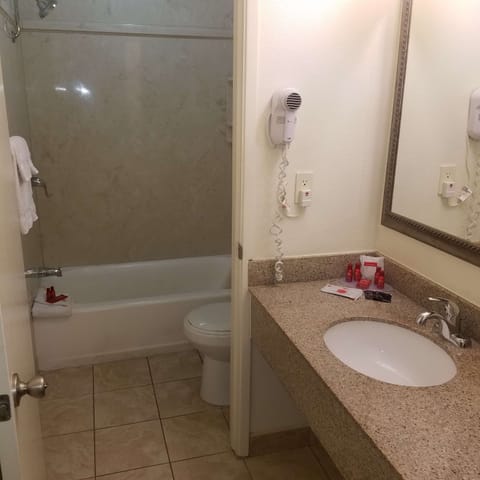 Combined shower/tub, free toiletries, hair dryer, towels