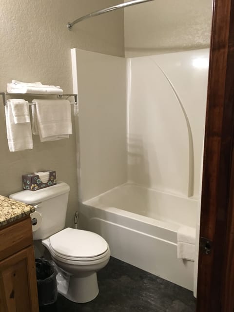 Combined shower/tub, rainfall showerhead, free toiletries, towels