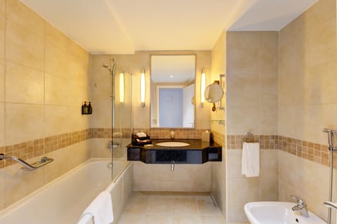 Hair dryer, bidet, towels, soap