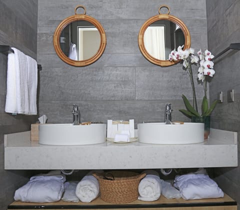 Shower, eco-friendly toiletries, hair dryer, bathrobes